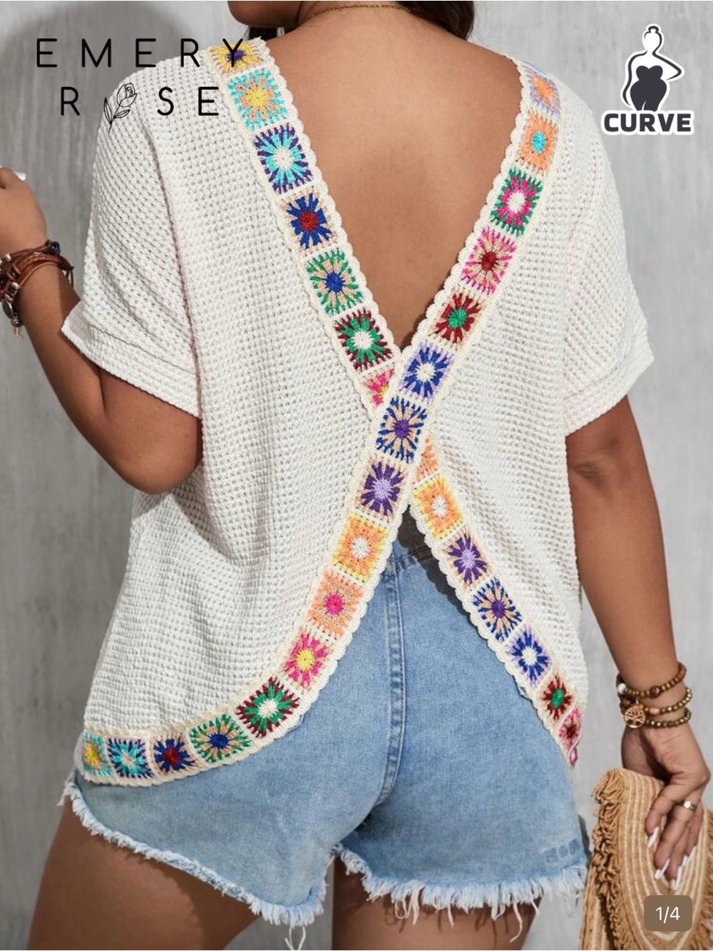 Emery Rose Curve White Crochet-Trim Open Back Top